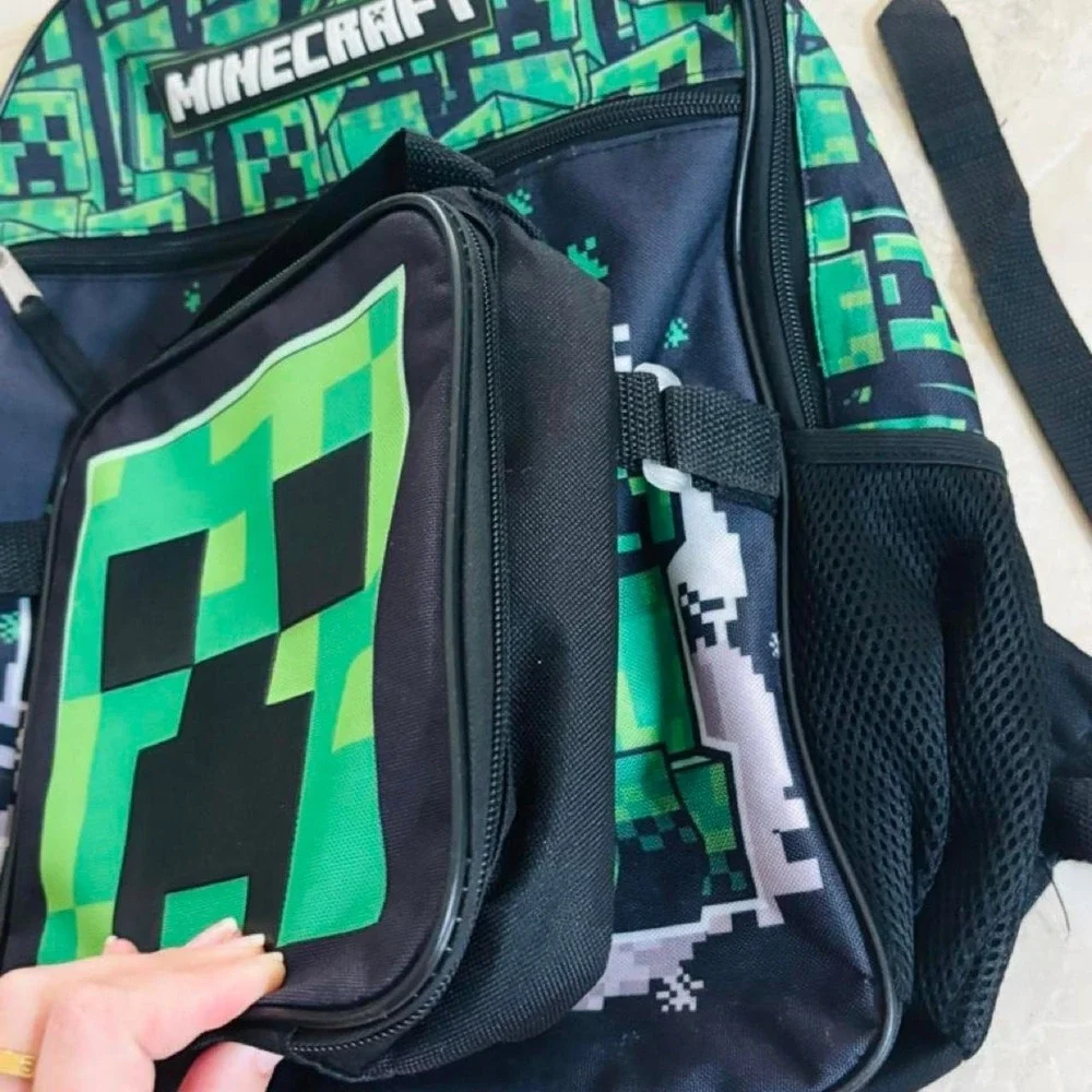 Minecraft Creeper Backpack and Lunchbox Set Green Pixelated Gaming Kids Bag
